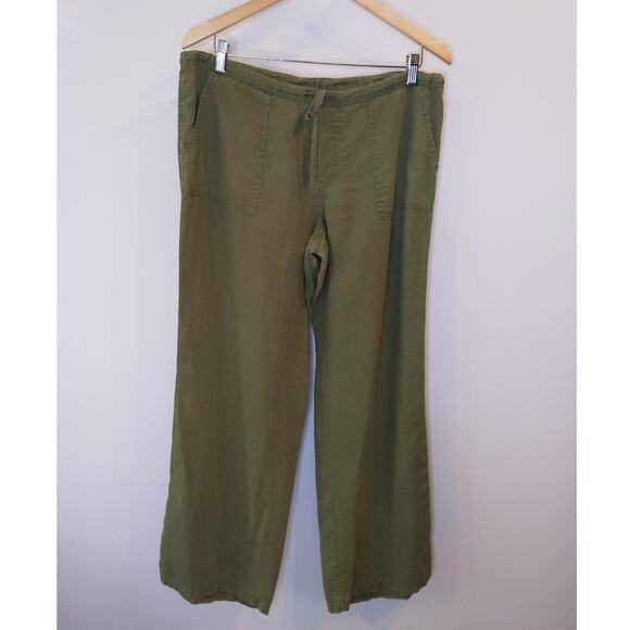 London Jean Olive Green Linen Wide Leg Pants Drawstring Size M Relaxed Boho - Picture 1 of 8